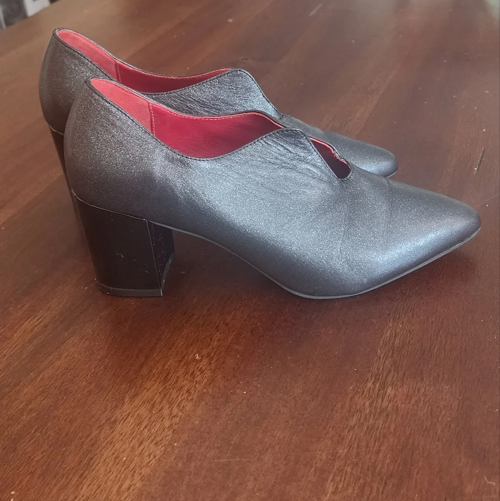 Girotti Block Heel Pointed Toe Black Leather Shoes‎ Sz 7.5